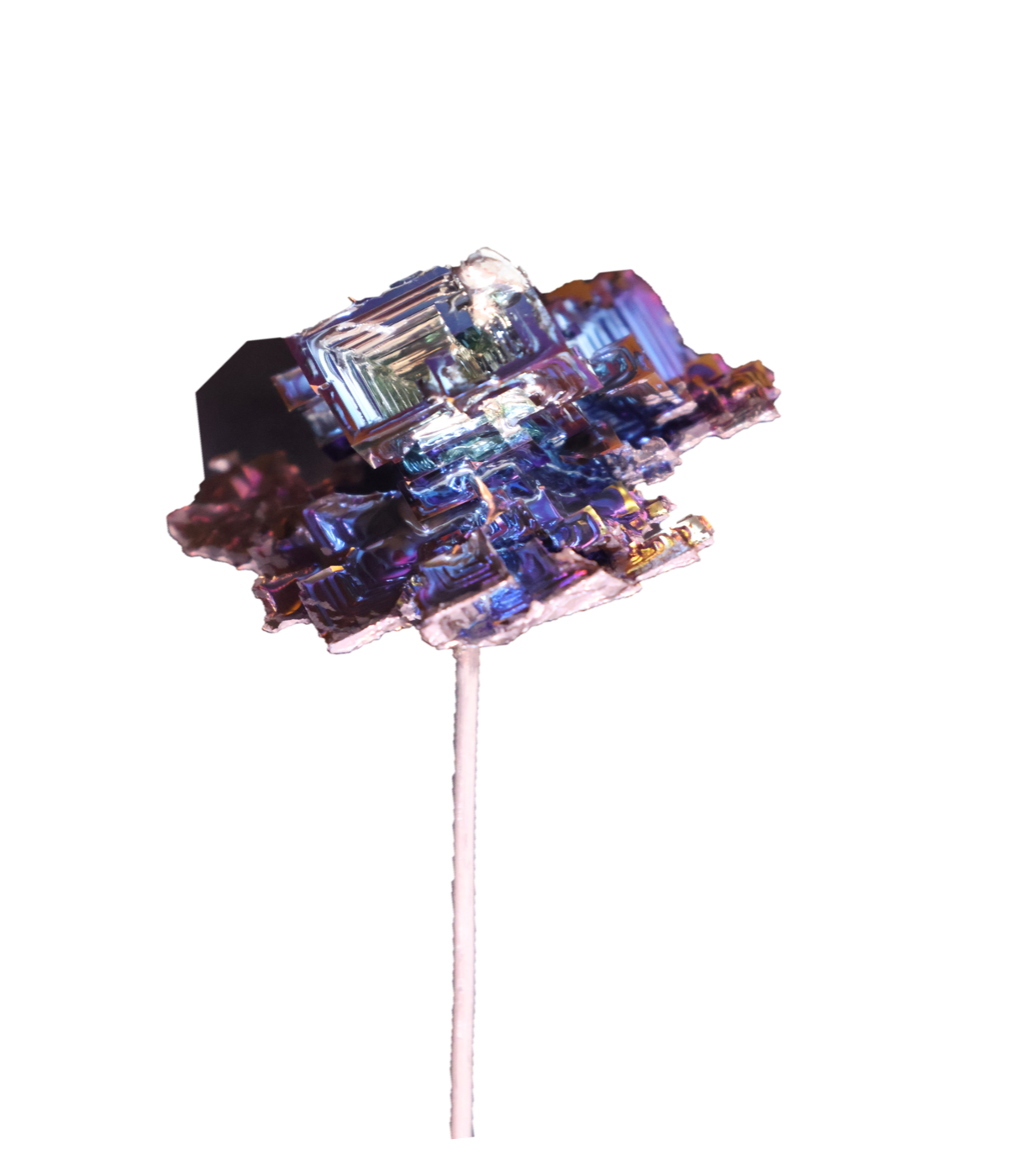 A lab-grown bismuth crystal resembling an iridescent flower on a stem